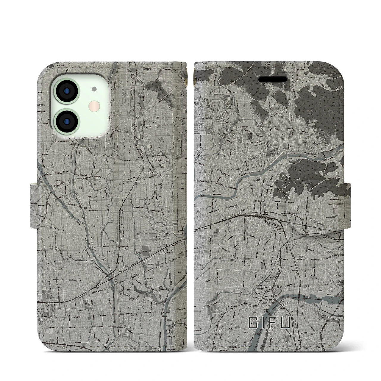 【岐阜(岐阜県)】地図柄iPhoneケース(手帳タイプ)モノトーン・iPhone 12 mini 用