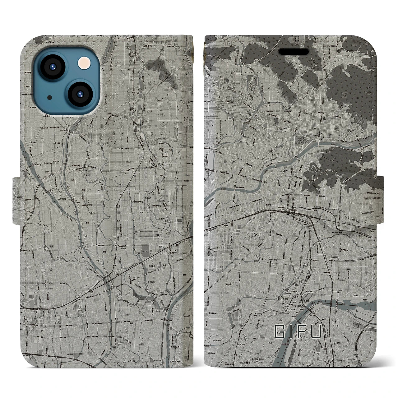 【岐阜(岐阜県)】地図柄iPhoneケース(手帳タイプ)モノトーン・iPhone 13 用