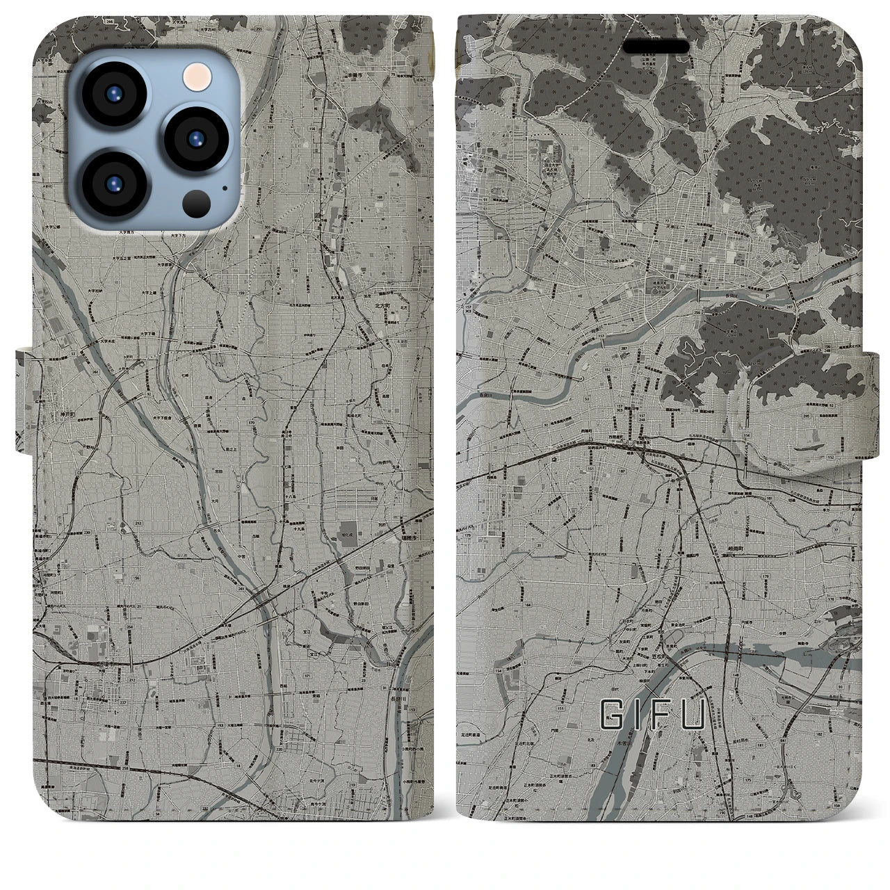 【岐阜(岐阜県)】地図柄iPhoneケース(手帳タイプ)モノトーン・iPhone 13 Pro Max 用