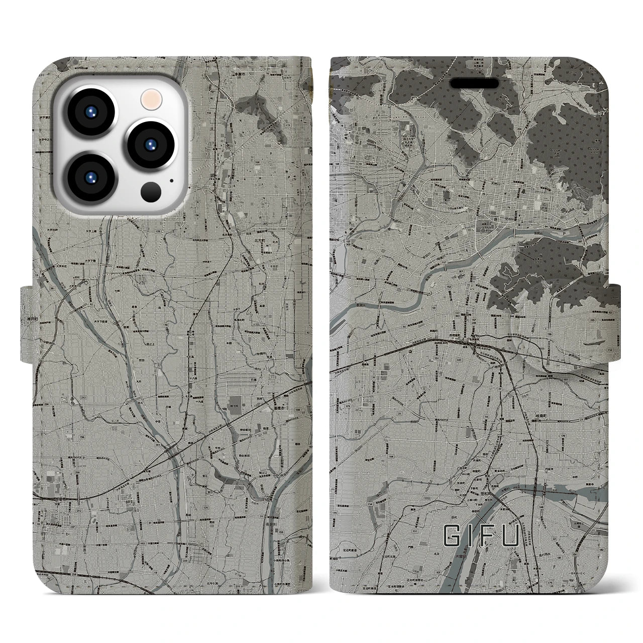 【岐阜(岐阜県)】地図柄iPhoneケース(手帳タイプ)モノトーン・iPhone 13 Pro 用