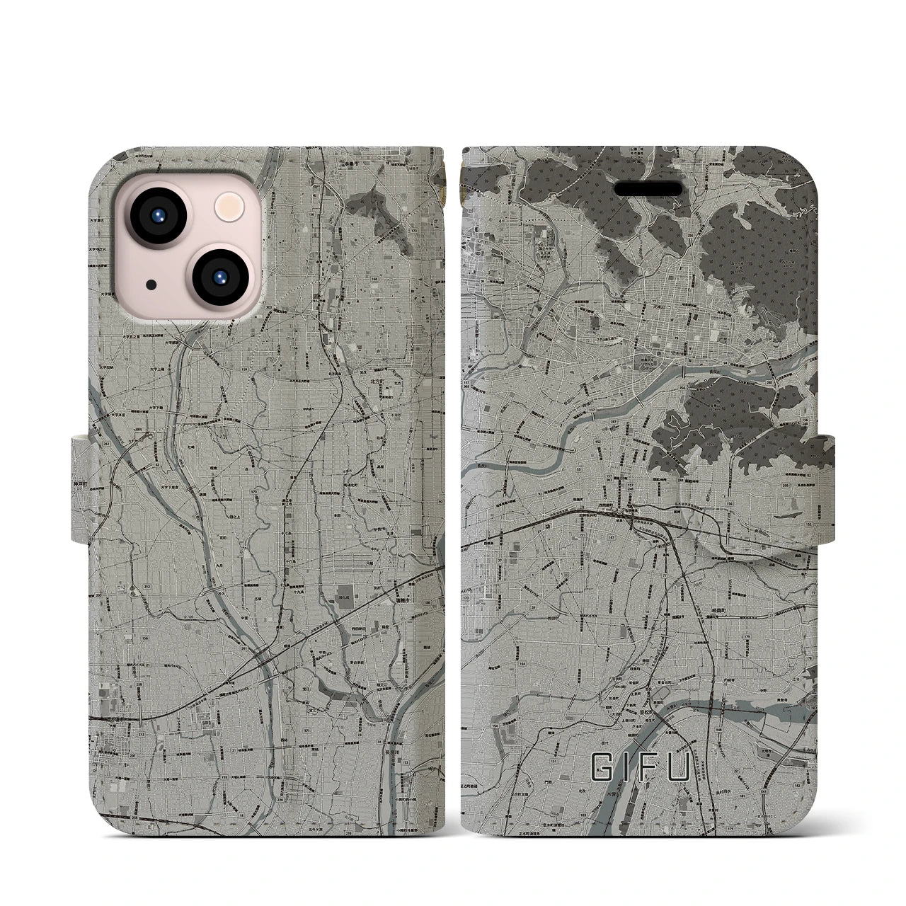 【岐阜(岐阜県)】地図柄iPhoneケース(手帳タイプ)モノトーン・iPhone 13 mini 用