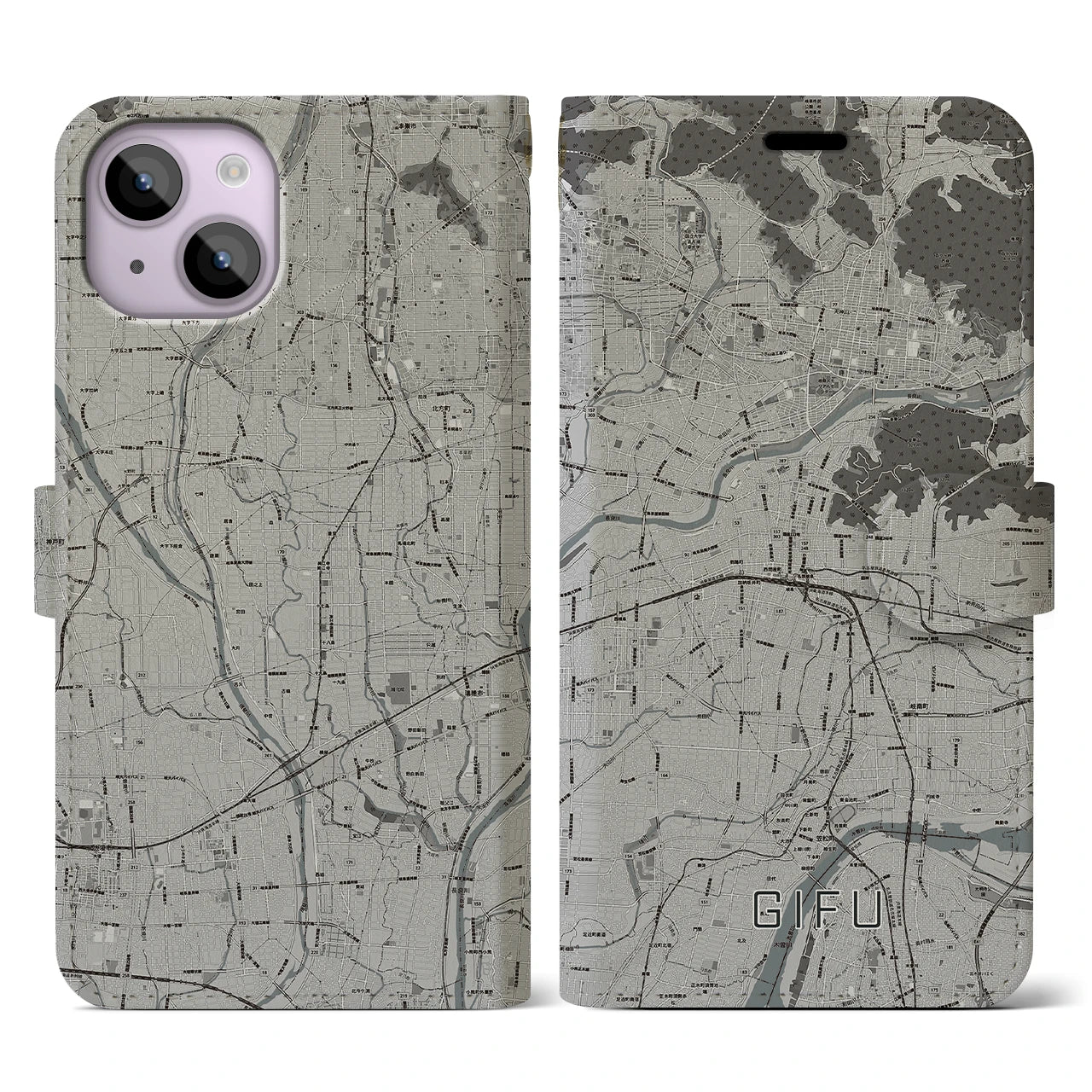 【岐阜(岐阜県)】地図柄iPhoneケース(手帳タイプ)モノトーン・iPhone 14 用