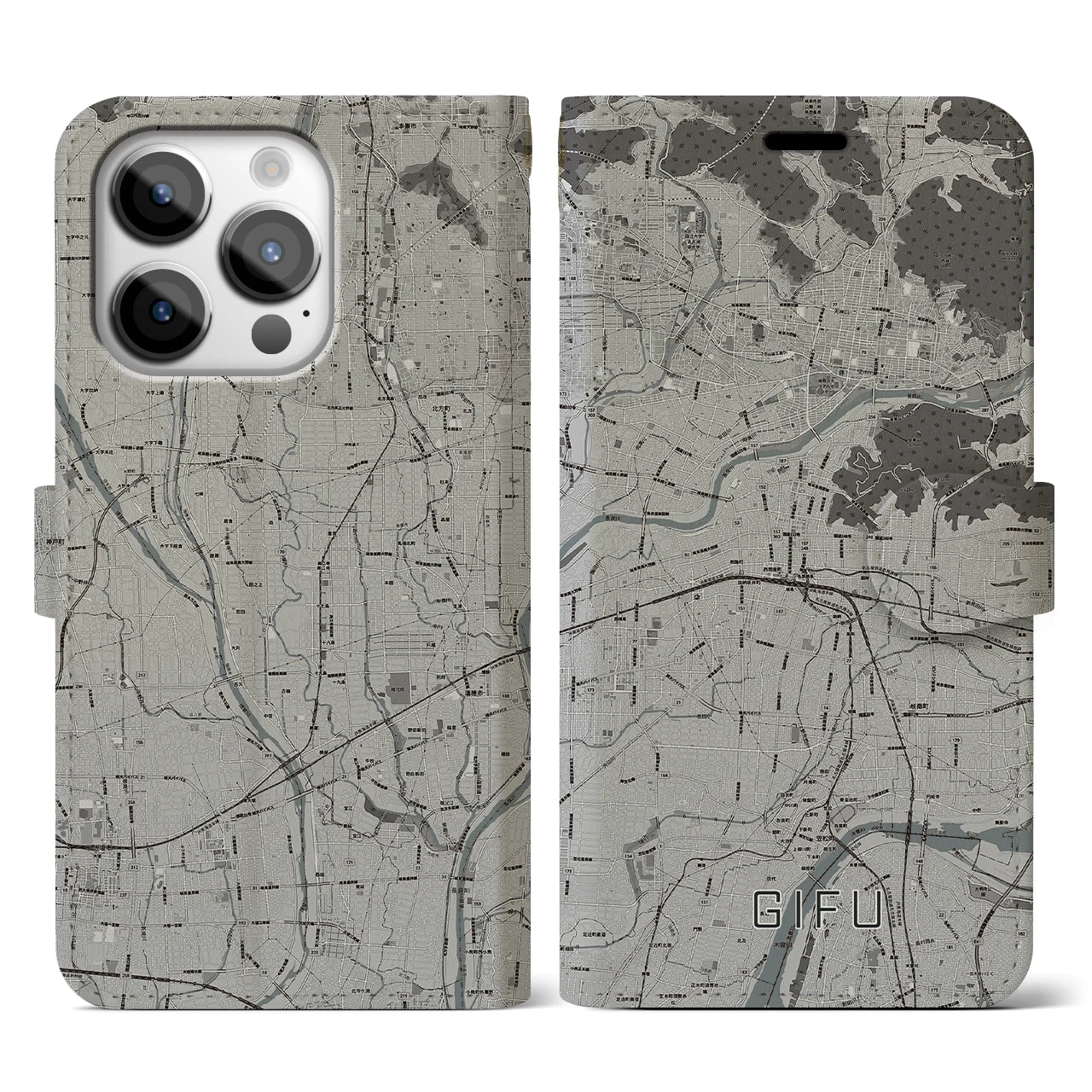 【岐阜(岐阜県)】地図柄iPhoneケース(手帳タイプ)モノトーン・iPhone 14 Pro 用