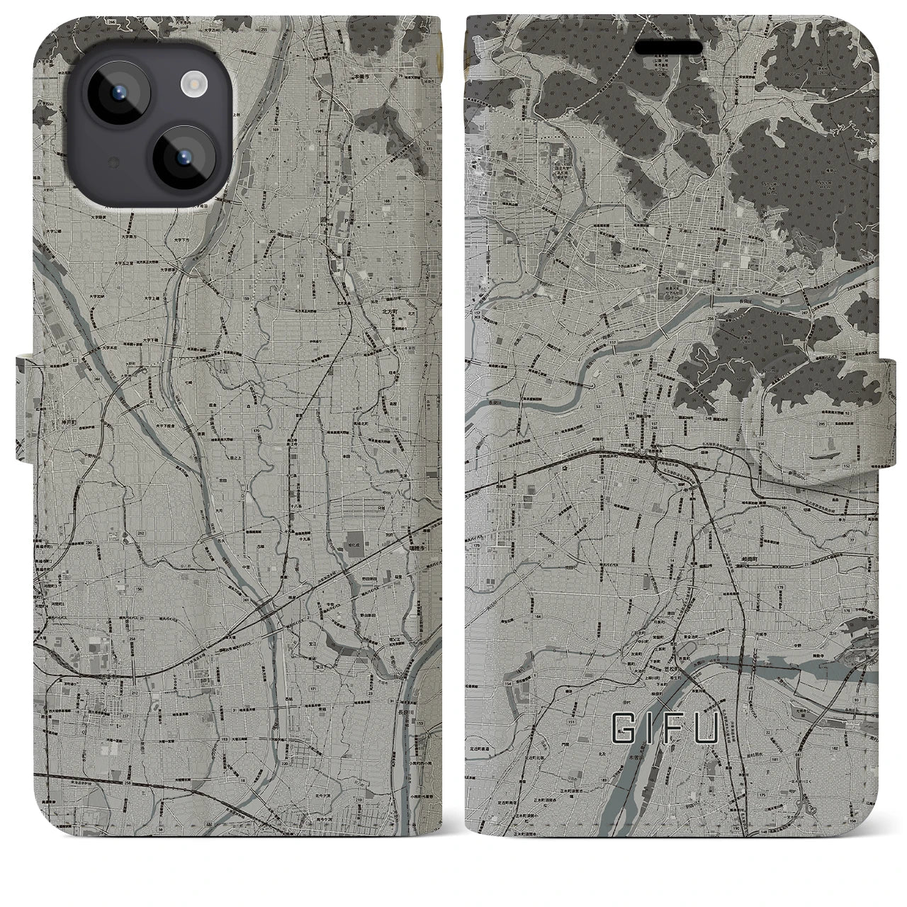 【岐阜(岐阜県)】地図柄iPhoneケース(手帳タイプ)モノトーン・iPhone 14 Plus 用