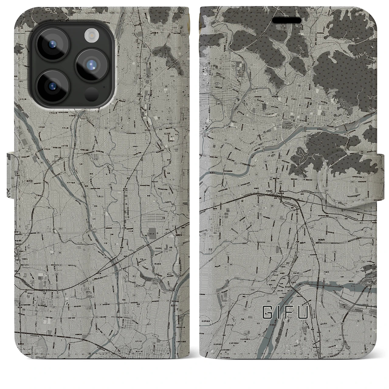 【岐阜(岐阜県)】地図柄iPhoneケース(手帳タイプ)モノトーン・iPhone 15 Pro Max 用
