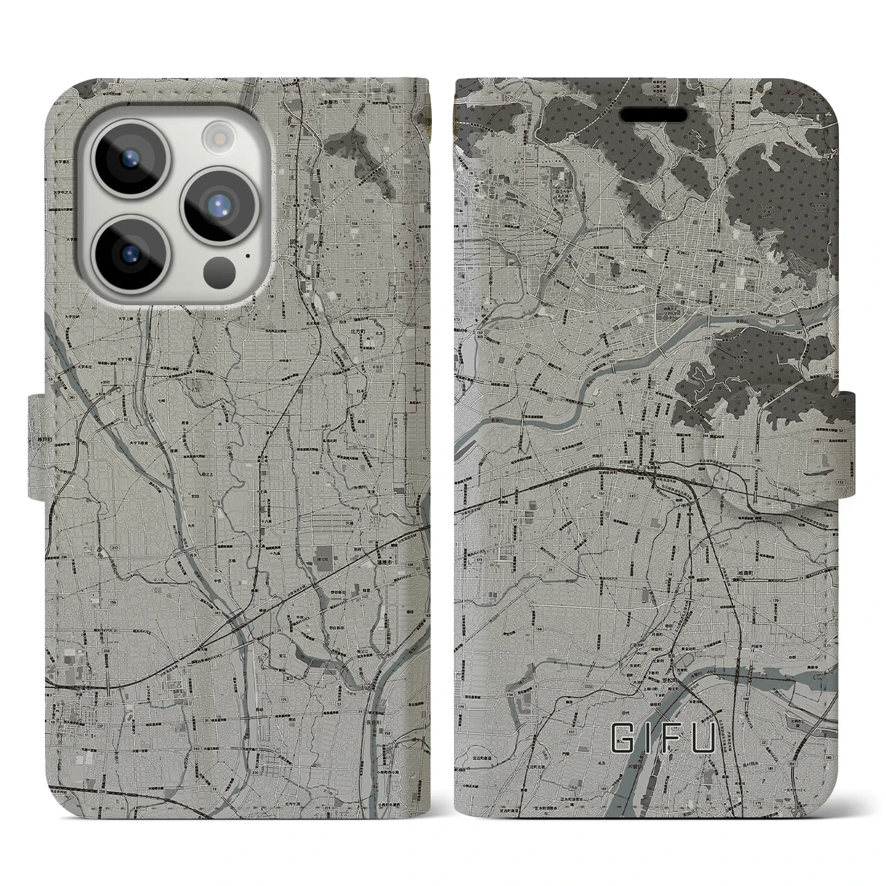 【岐阜(岐阜県)】地図柄iPhoneケース(手帳タイプ)モノトーン・iPhone 15 Pro 用