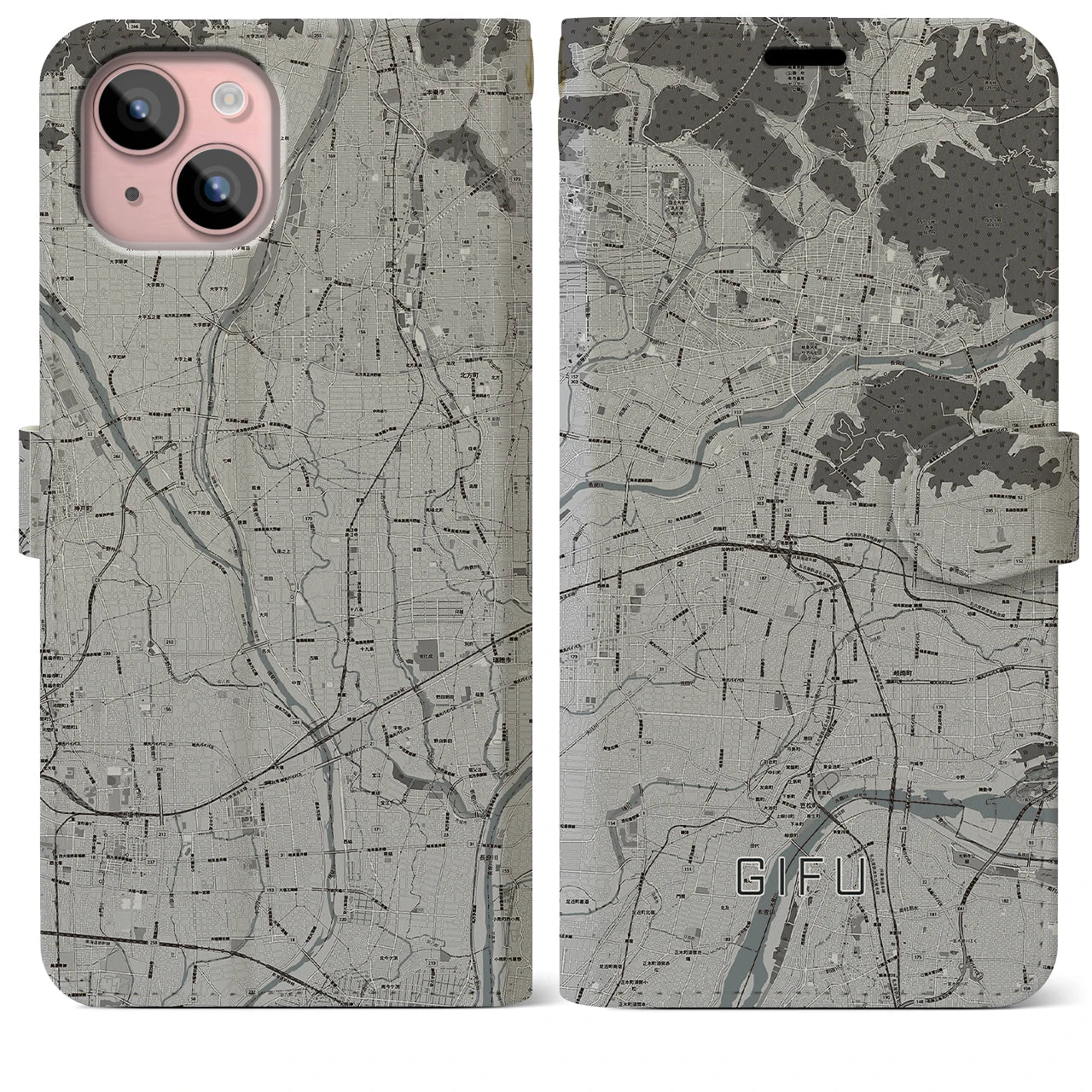 【岐阜(岐阜県)】地図柄iPhoneケース(手帳タイプ)モノトーン・iPhone 15 Plus 用