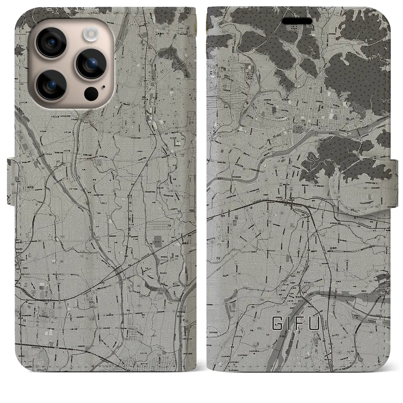 【岐阜(岐阜県)】地図柄iPhoneケース(手帳タイプ)モノトーン・iPhone 16 Plus 用