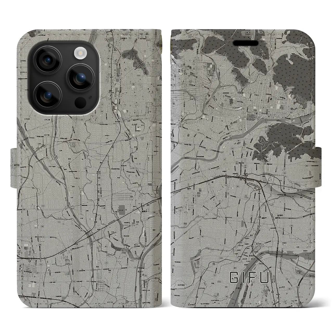 【岐阜(岐阜県)】地図柄iPhoneケース(手帳タイプ)モノトーン・iPhone 16 用