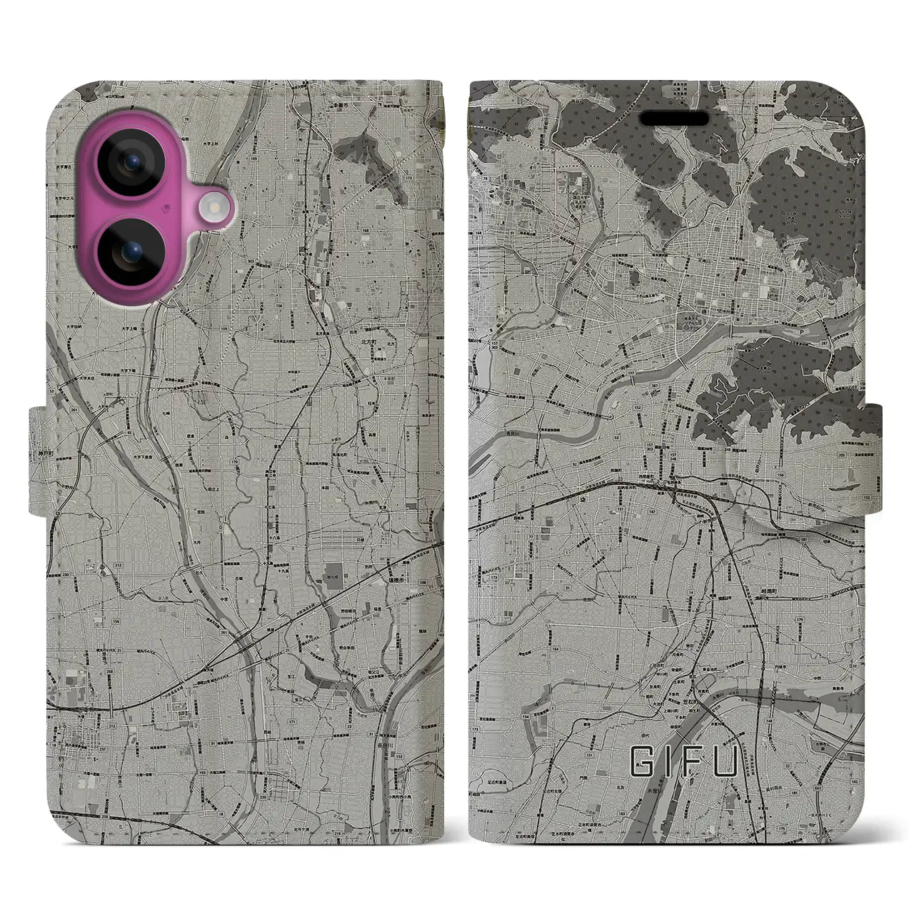【岐阜(岐阜県)】地図柄iPhoneケース(手帳タイプ)モノトーン・iPhone 16 Pro 用