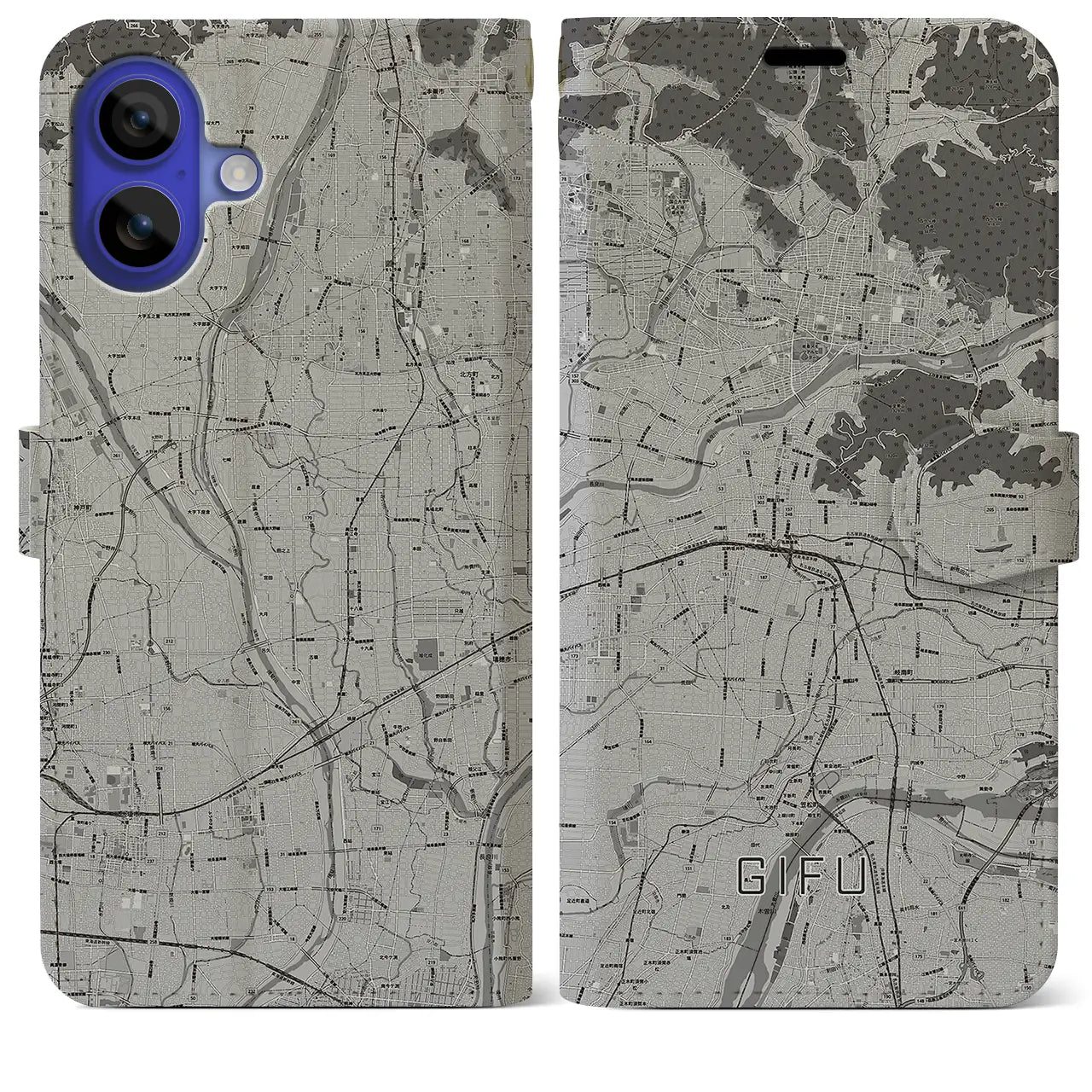 【岐阜(岐阜県)】地図柄iPhoneケース(手帳タイプ)モノトーン・iPhone 16 Pro Max 用