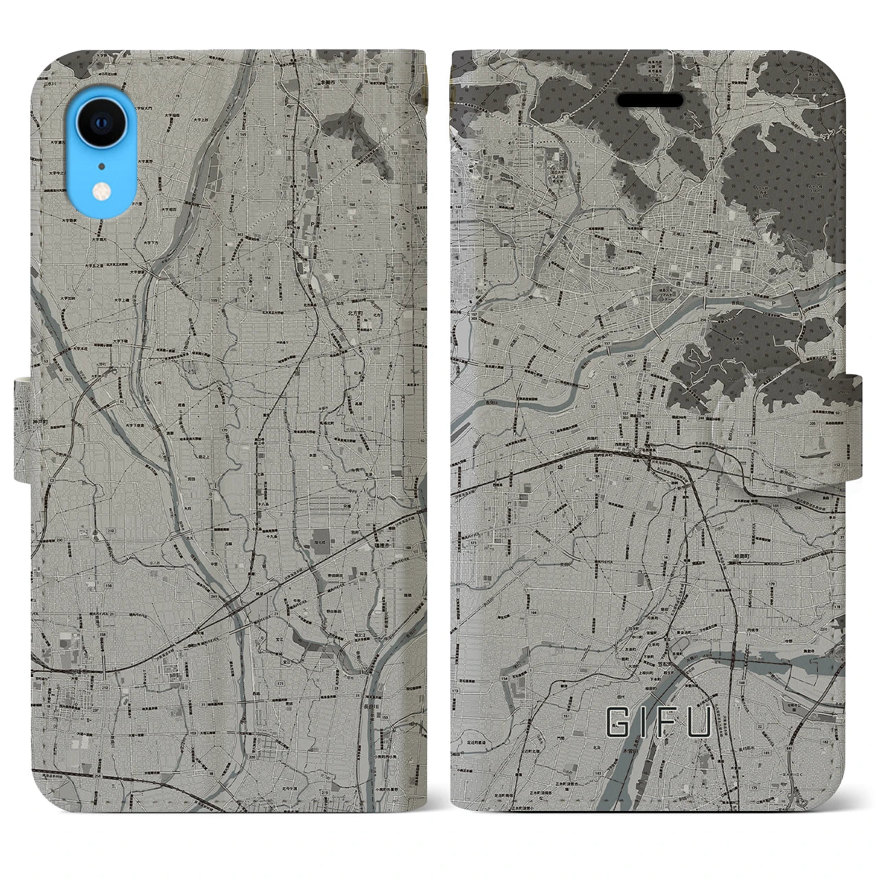 【岐阜(岐阜県)】地図柄iPhoneケース(手帳タイプ)モノトーン・iPhone XR 用
