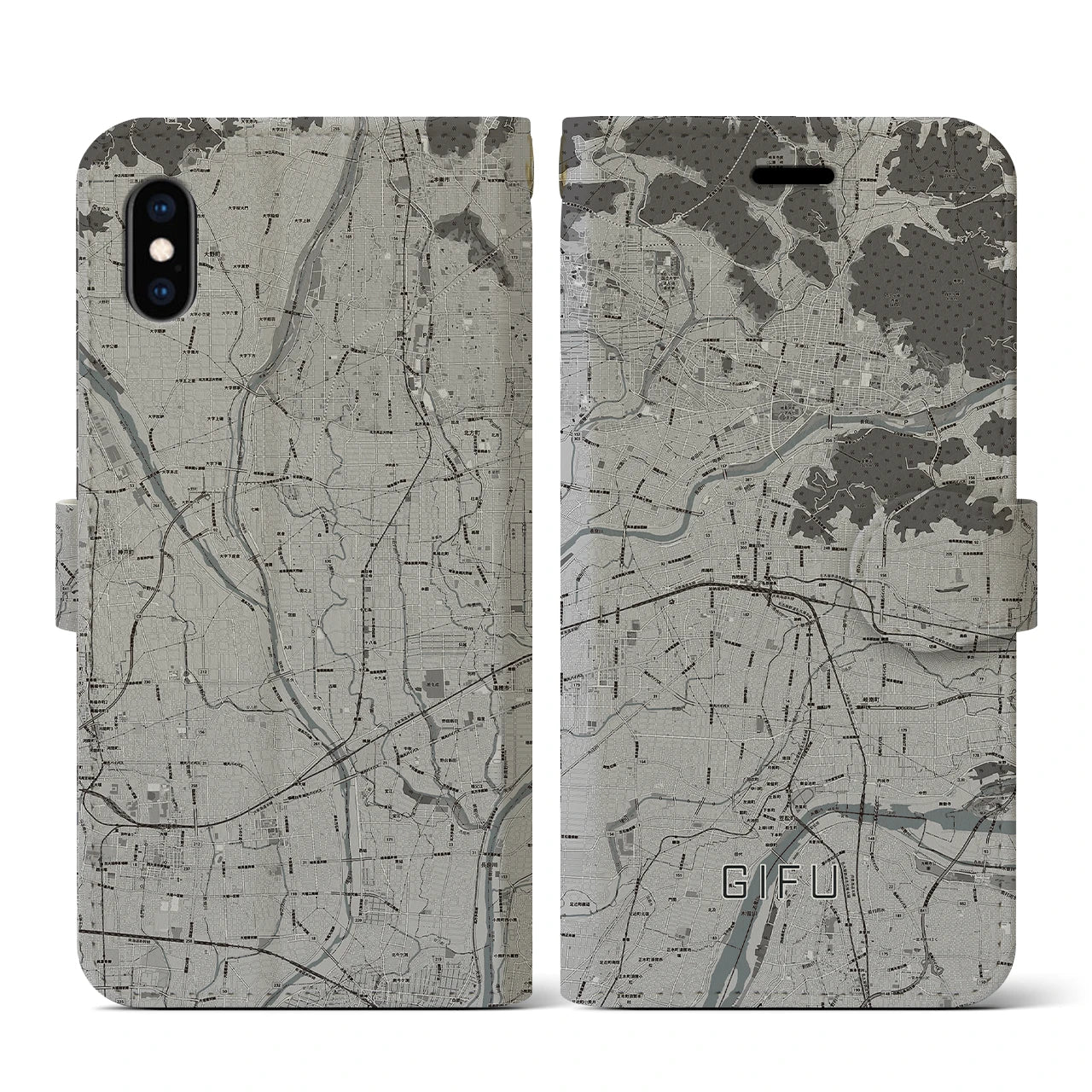 【岐阜(岐阜県)】地図柄iPhoneケース(手帳タイプ)モノトーン・iPhone XS / X 用