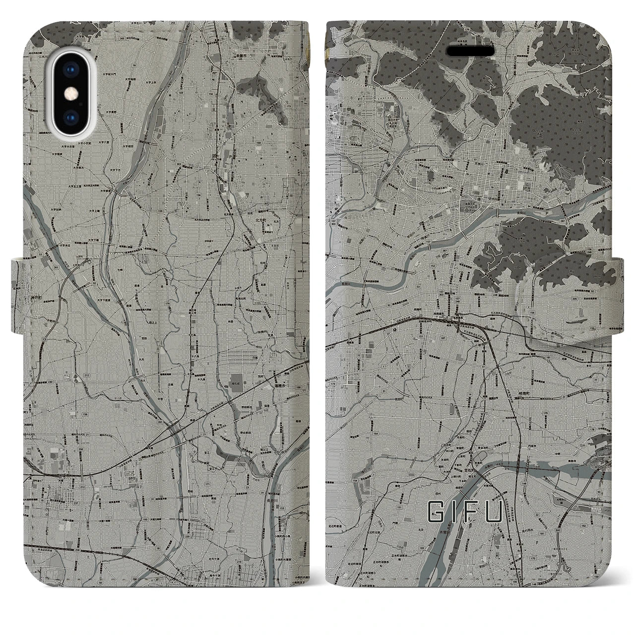 【岐阜(岐阜県)】地図柄iPhoneケース(手帳タイプ)モノトーン・iPhone XS Max 用