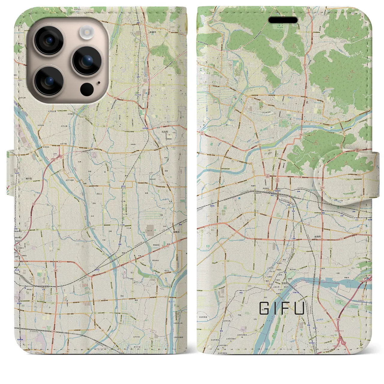 【岐阜(岐阜県)】地図柄iPhoneケース(手帳タイプ)ナチュラル・iPhone 16 Plus 用
