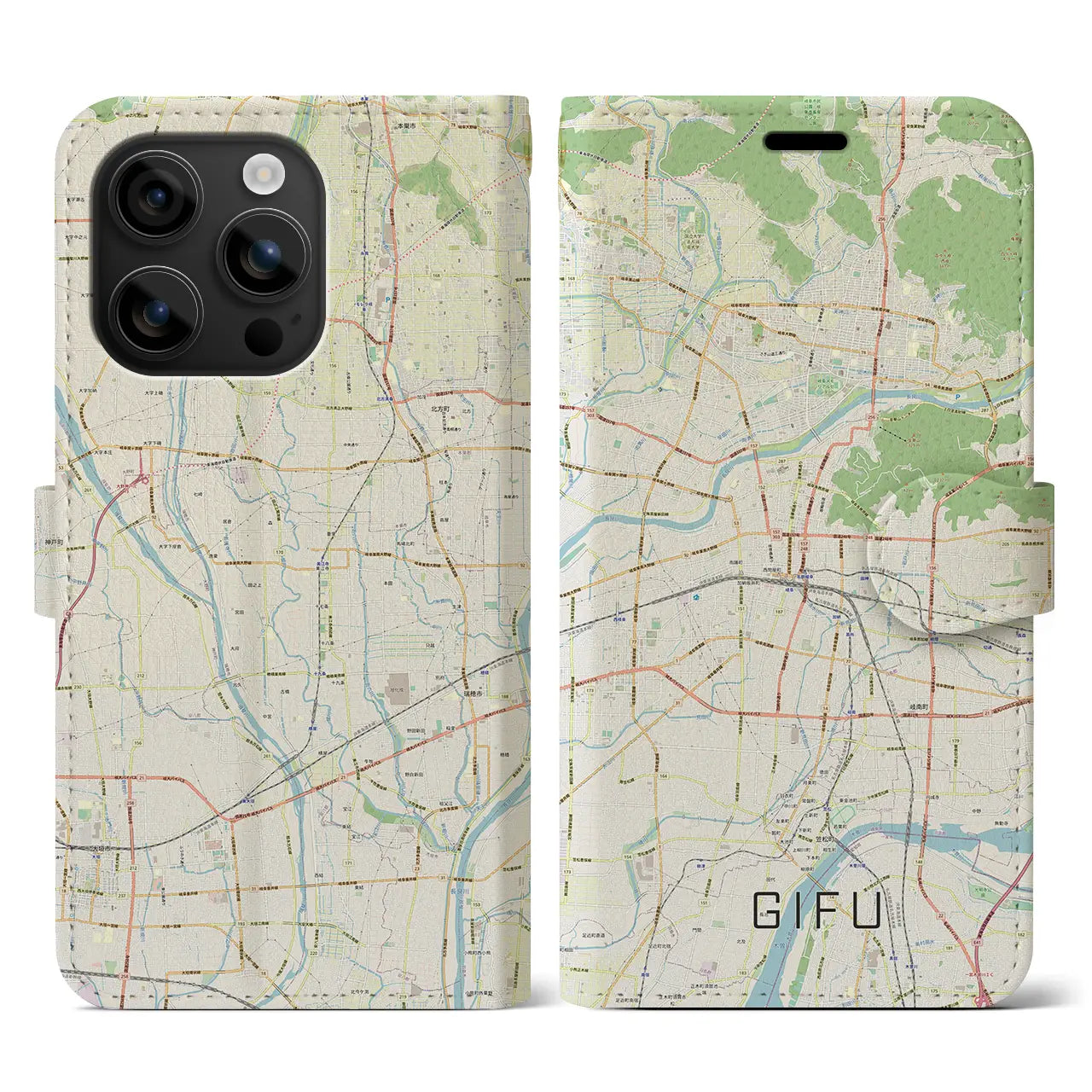 【岐阜(岐阜県)】地図柄iPhoneケース(手帳タイプ)ナチュラル・iPhone 16 用