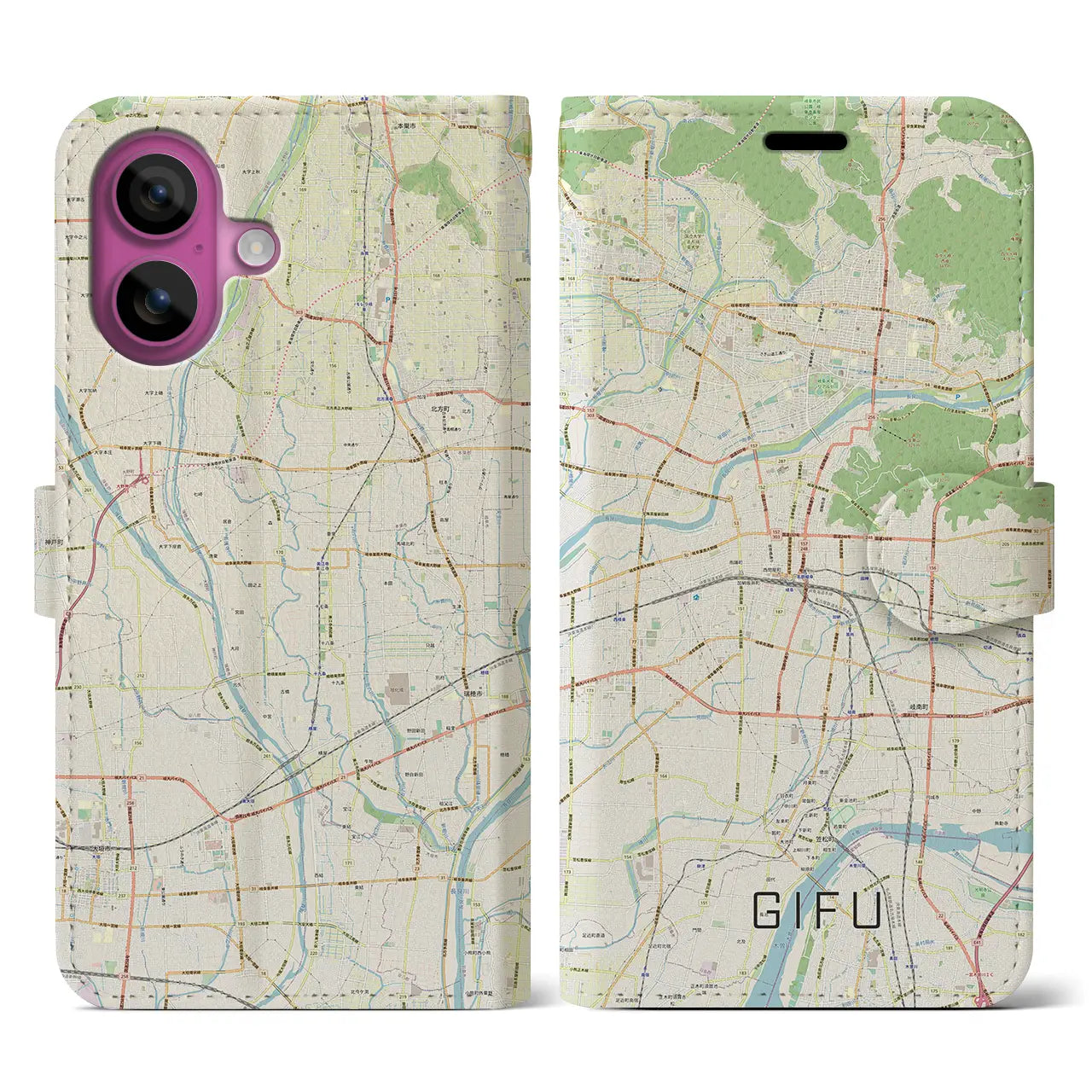 【岐阜(岐阜県)】地図柄iPhoneケース(手帳タイプ)ナチュラル・iPhone 16 Pro 用