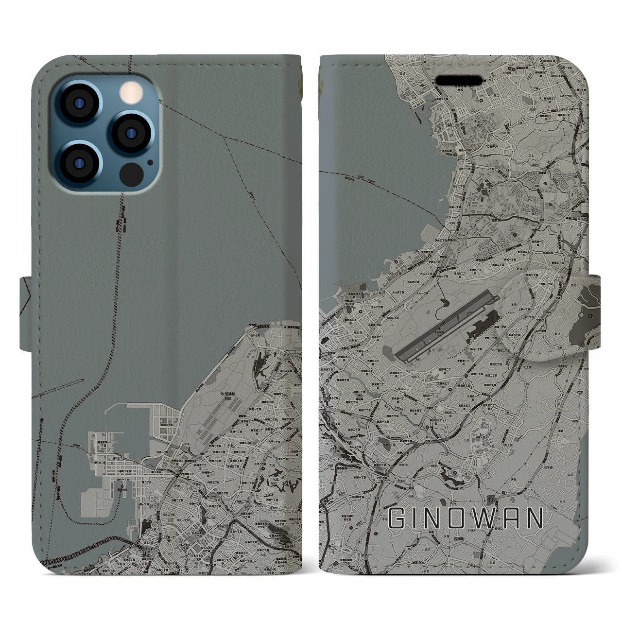 【宜野湾(沖縄県)】地図柄iPhoneケース(手帳タイプ)モノトーン・iPhone 12 / 12 Pro 用