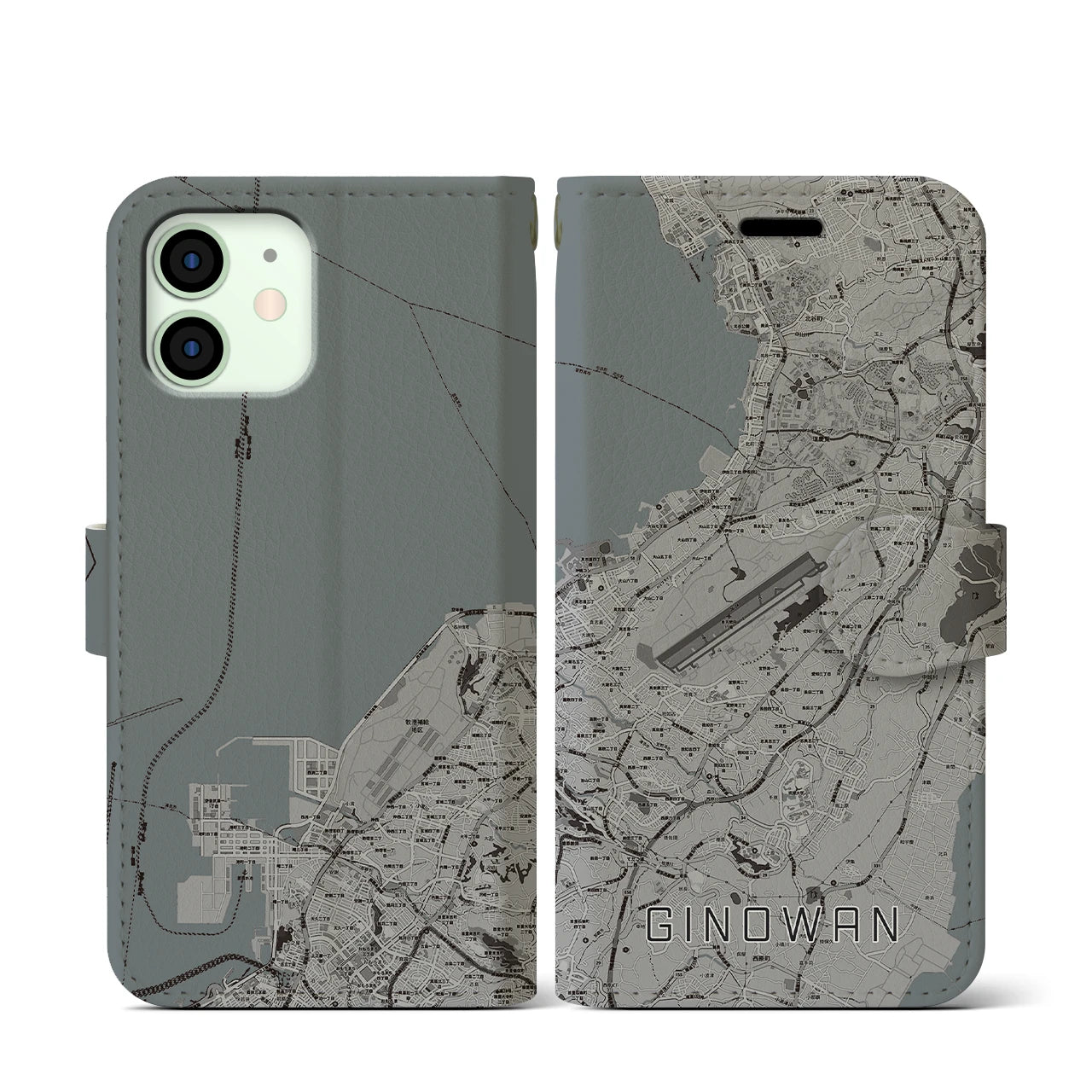【宜野湾(沖縄県)】地図柄iPhoneケース(手帳タイプ)モノトーン・iPhone 12 mini 用