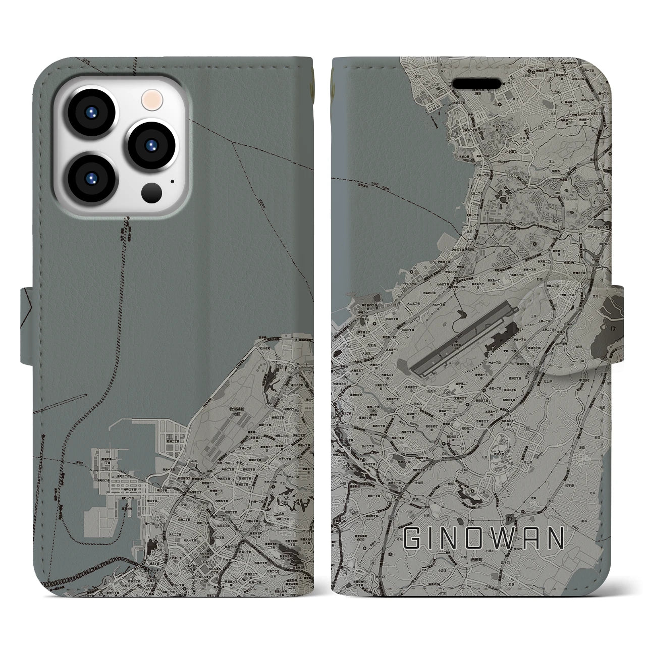 【宜野湾(沖縄県)】地図柄iPhoneケース(手帳タイプ)モノトーン・iPhone 13 Pro 用
