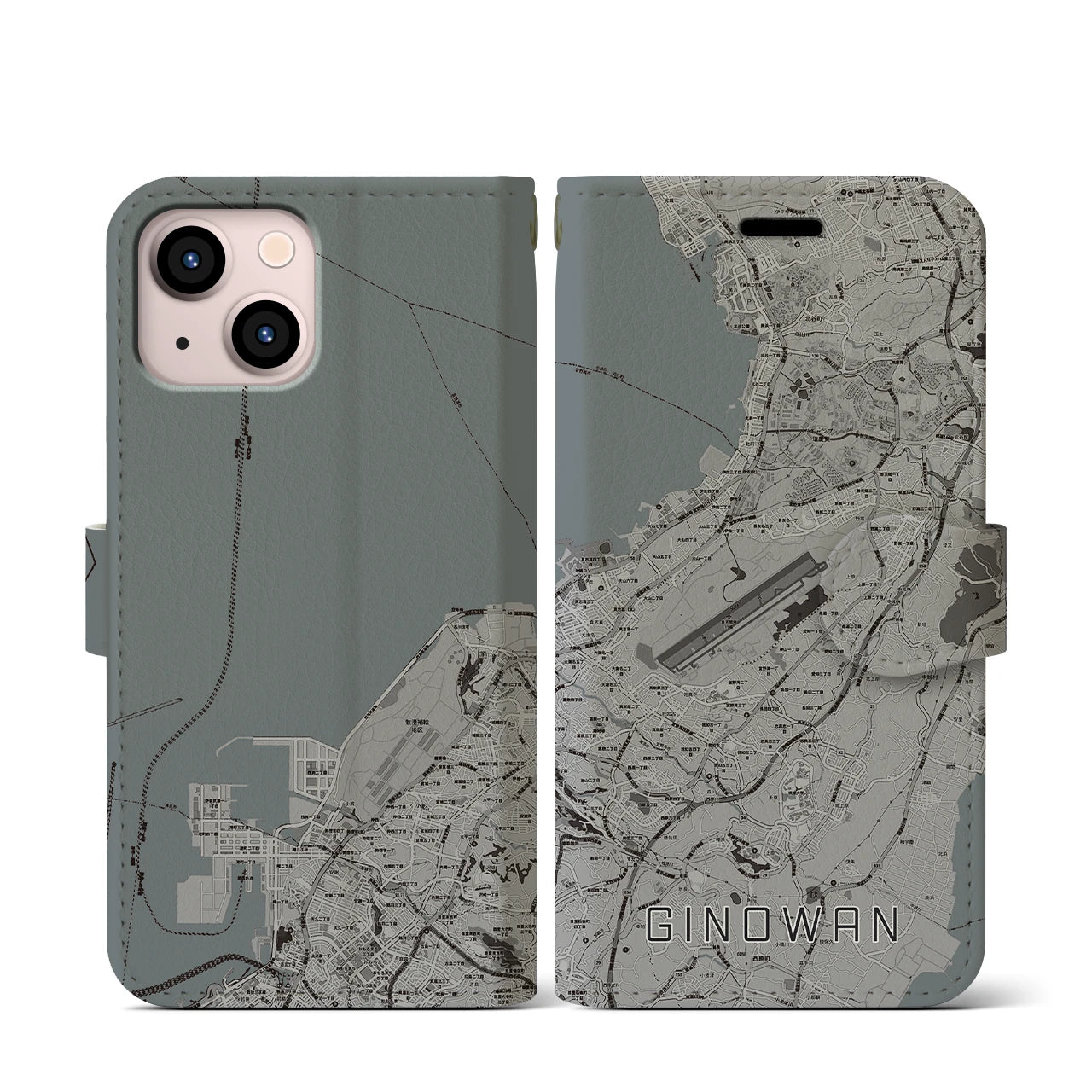 【宜野湾(沖縄県)】地図柄iPhoneケース(手帳タイプ)モノトーン・iPhone 13 mini 用