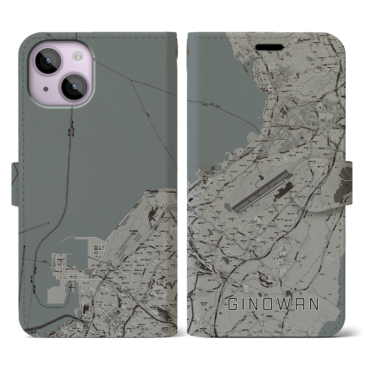 【宜野湾(沖縄県)】地図柄iPhoneケース(手帳タイプ)モノトーン・iPhone 14 用