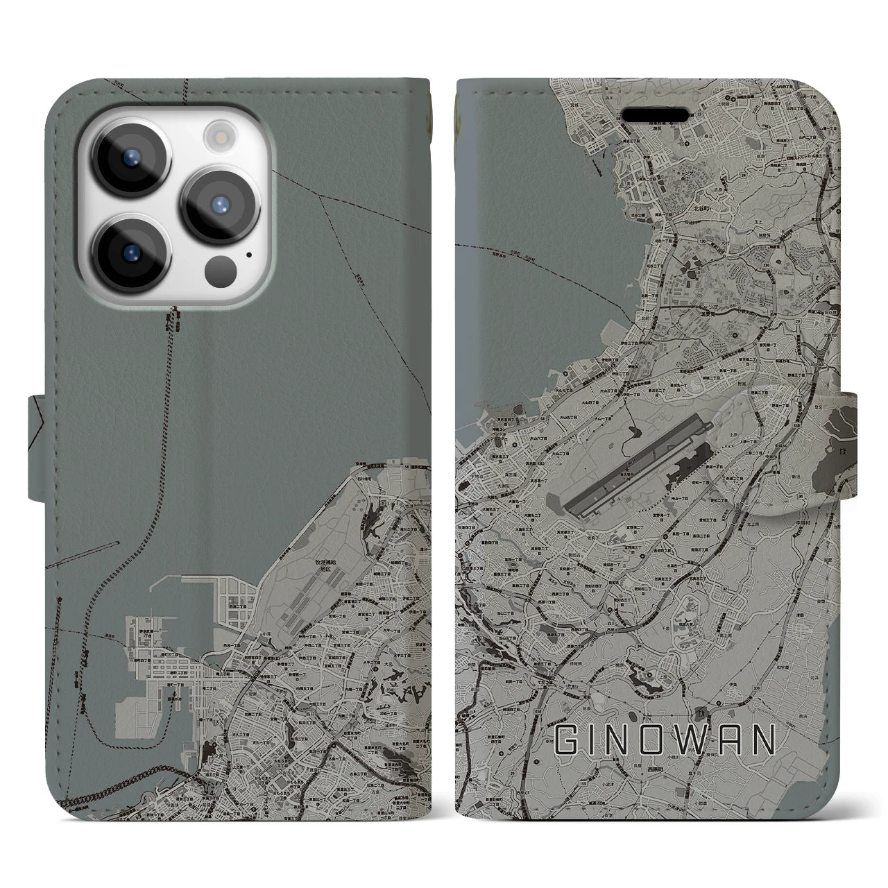 【宜野湾(沖縄県)】地図柄iPhoneケース(手帳タイプ)モノトーン・iPhone 14 Pro 用