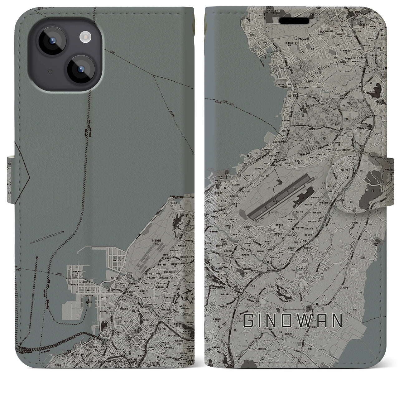 【宜野湾(沖縄県)】地図柄iPhoneケース(手帳タイプ)モノトーン・iPhone 14 Plus 用