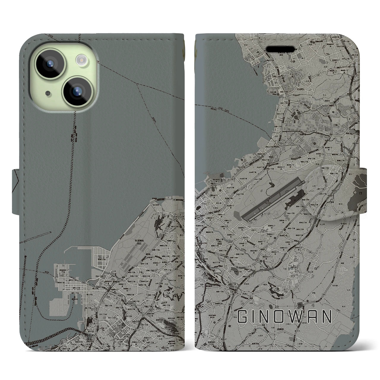 【宜野湾(沖縄県)】地図柄iPhoneケース(手帳タイプ)モノトーン・iPhone 15 用