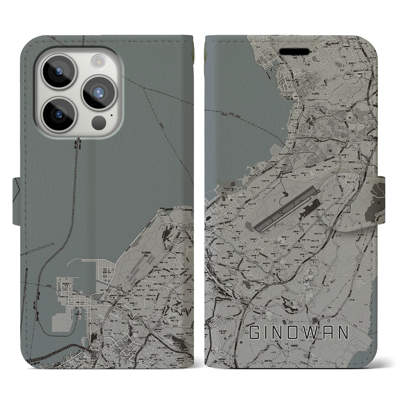 【宜野湾(沖縄県)】地図柄iPhoneケース(手帳タイプ)モノトーン・iPhone 15 Pro 用