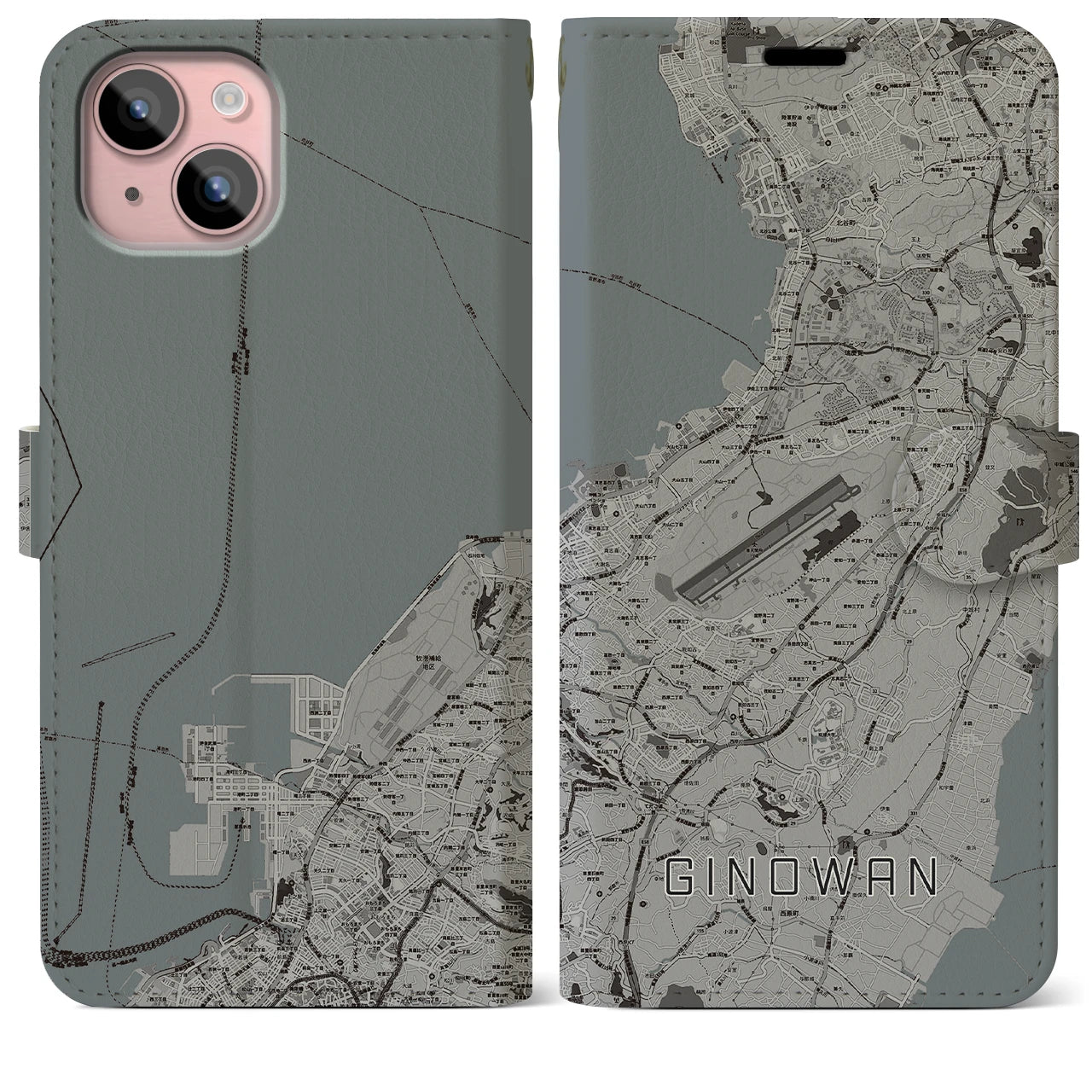 【宜野湾(沖縄県)】地図柄iPhoneケース(手帳タイプ)モノトーン・iPhone 15 Plus 用