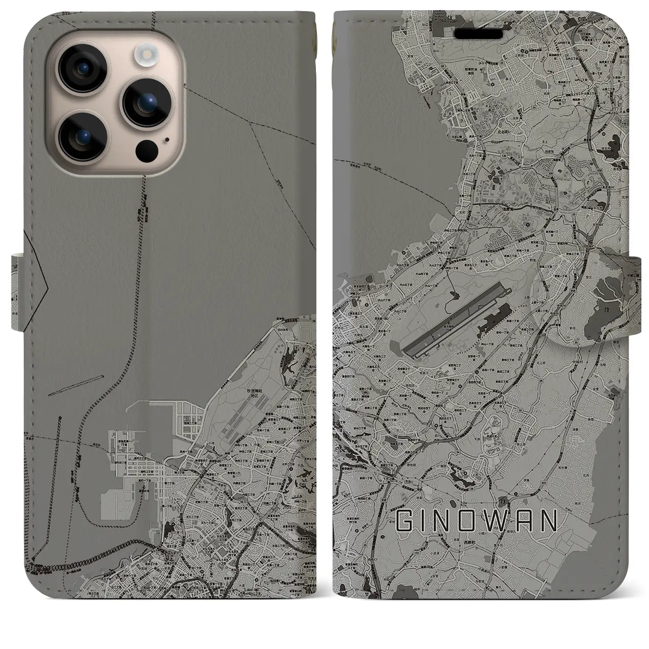 【宜野湾(沖縄県)】地図柄iPhoneケース(手帳タイプ)モノトーン・iPhone 16 Plus 用