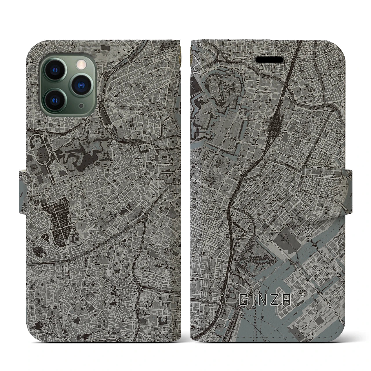 【銀座(東京都)】地図柄iPhoneケース(手帳タイプ)モノトーン・iPhone 11 Pro 用