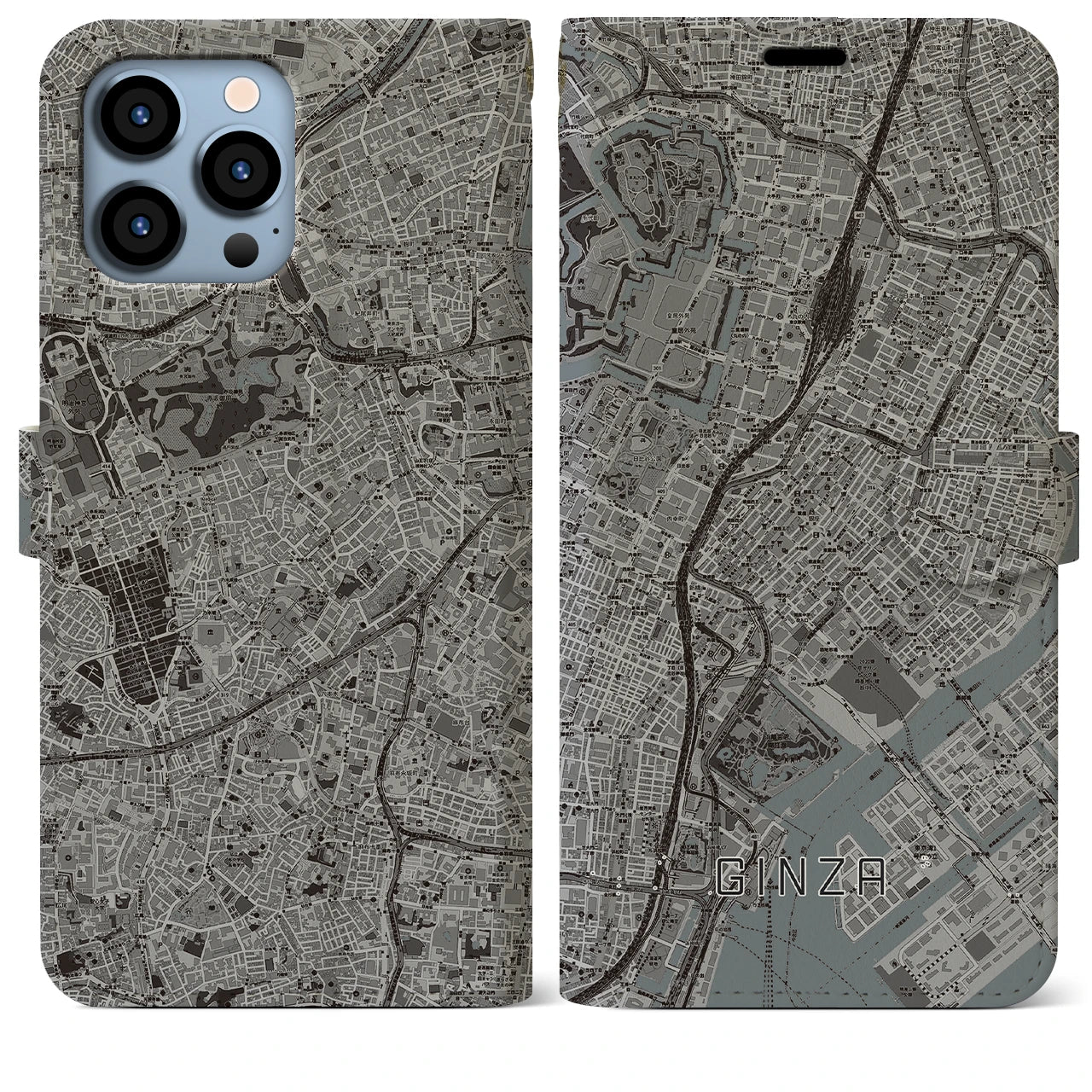 【銀座(東京都)】地図柄iPhoneケース(手帳タイプ)モノトーン・iPhone 13 Pro Max 用