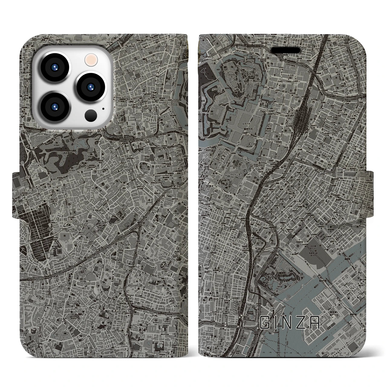 【銀座(東京都)】地図柄iPhoneケース(手帳タイプ)モノトーン・iPhone 13 Pro 用