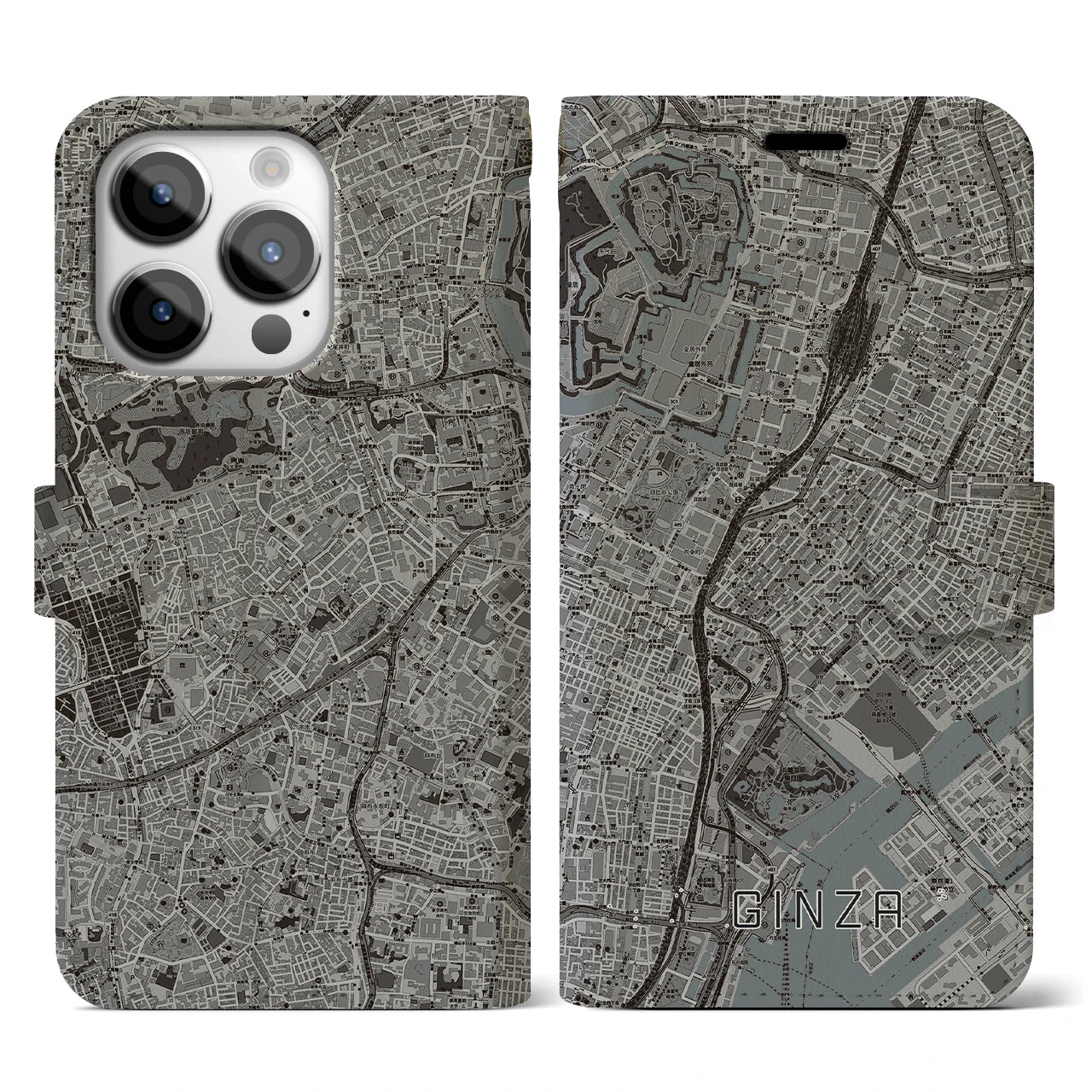 【銀座(東京都)】地図柄iPhoneケース(手帳タイプ)モノトーン・iPhone 14 Pro 用