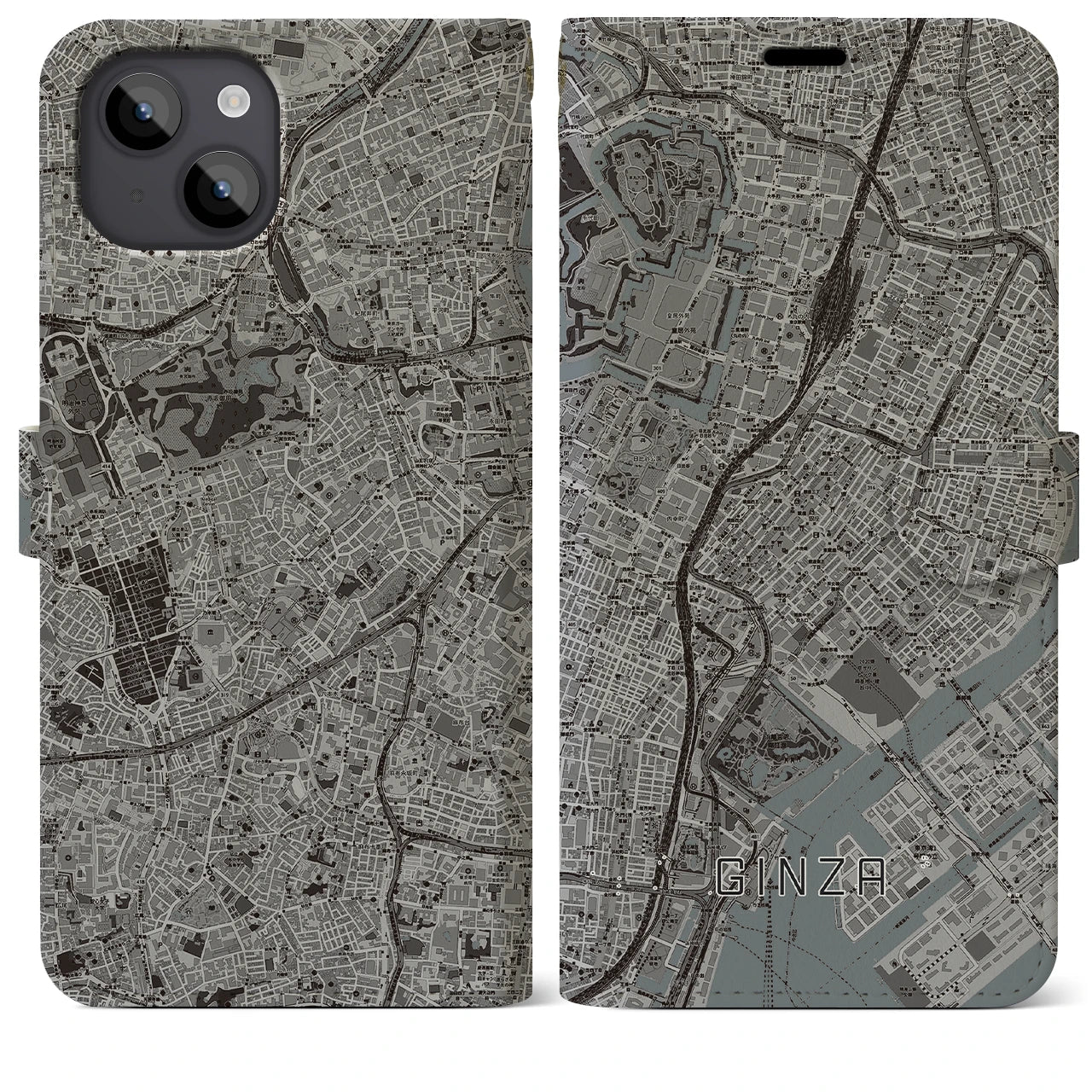 【銀座(東京都)】地図柄iPhoneケース(手帳タイプ)モノトーン・iPhone 14 Plus 用