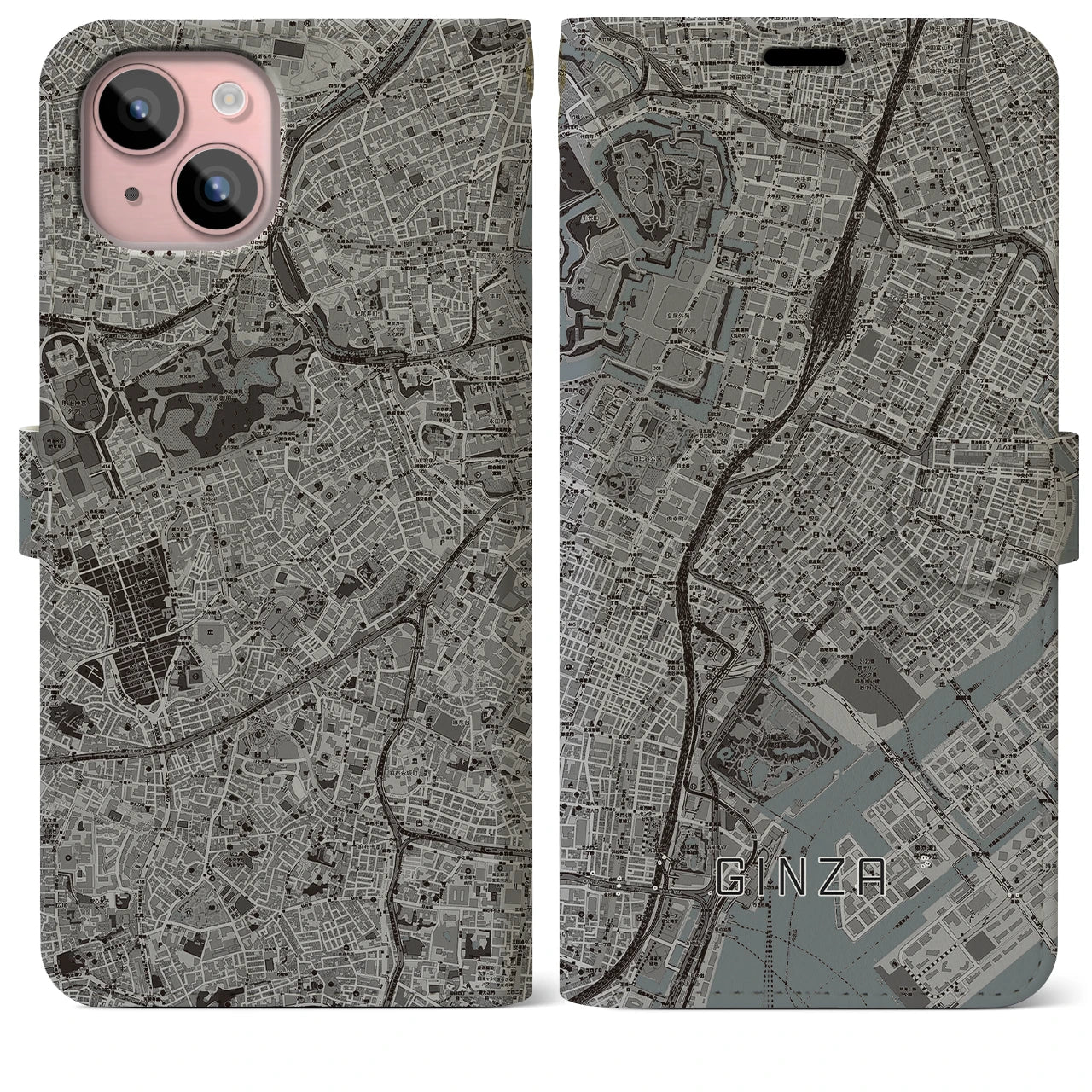 【銀座(東京都)】地図柄iPhoneケース(手帳タイプ)モノトーン・iPhone 15 Plus 用