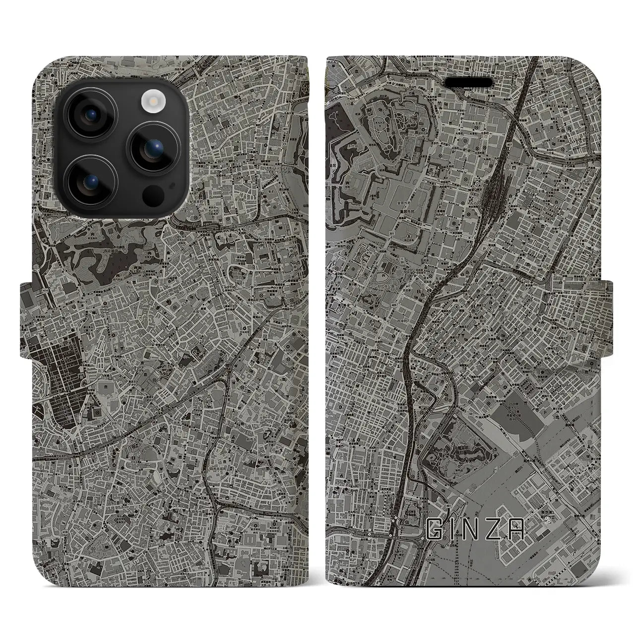 【銀座(東京都)】地図柄iPhoneケース(手帳タイプ)モノトーン・iPhone 16 用