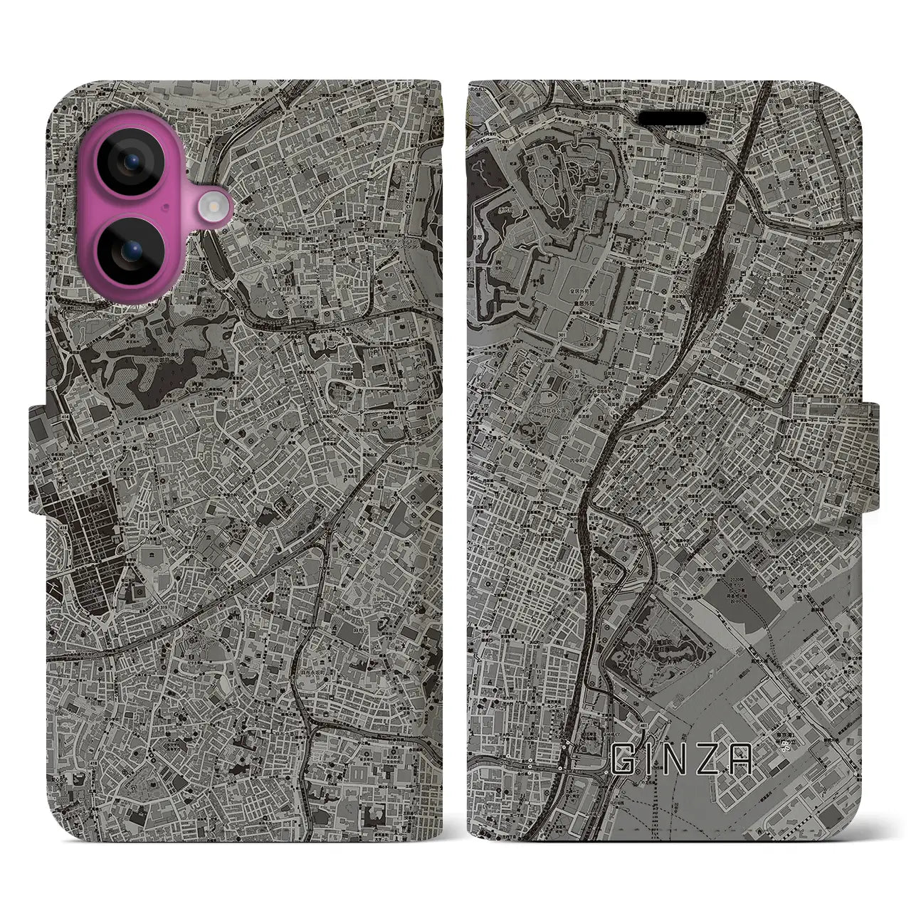 【銀座(東京都)】地図柄iPhoneケース(手帳タイプ)モノトーン・iPhone 16 Pro 用