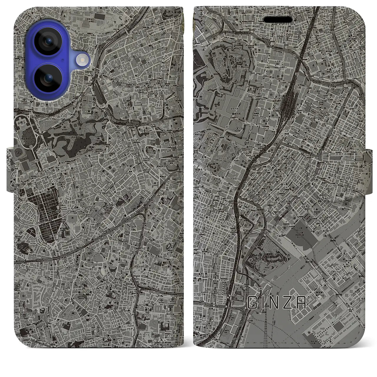 【銀座(東京都)】地図柄iPhoneケース(手帳タイプ)モノトーン・iPhone 16 Pro Max 用