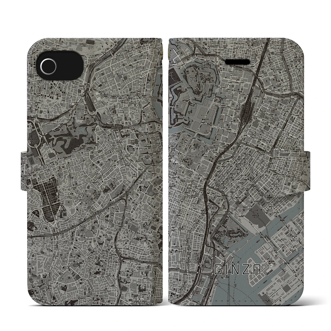 【銀座(東京都)】地図柄iPhoneケース(手帳タイプ)モノトーン・iPhone SE(第3 / 第2世代) / 8 / 7 / 6s / 6 用