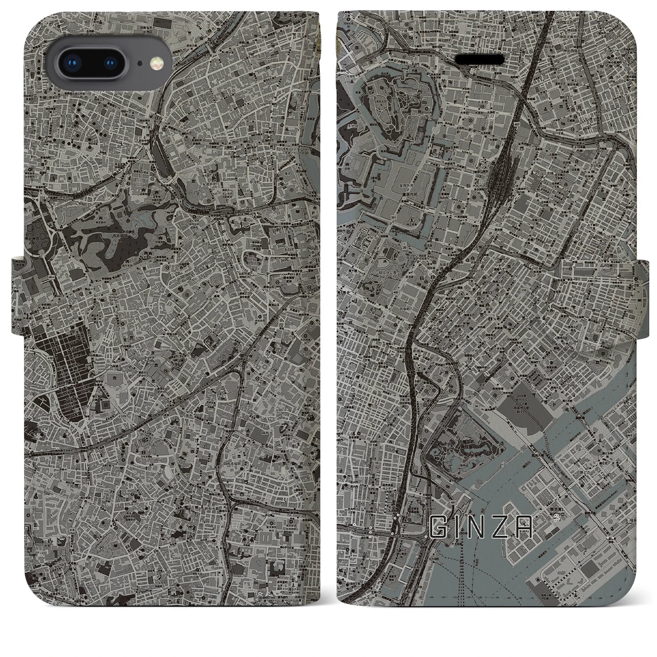 【銀座(東京都)】地図柄iPhoneケース(手帳タイプ)モノトーン・iPhone 8Plus /7Plus / 6sPlus / 6Plus 用