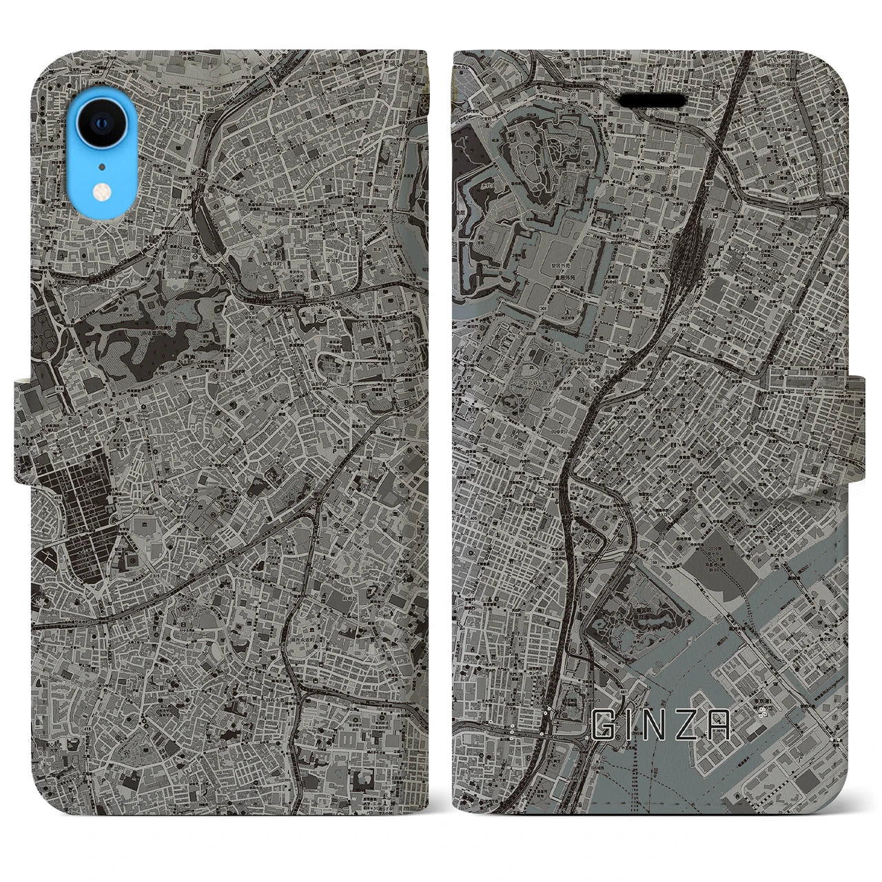 【銀座(東京都)】地図柄iPhoneケース(手帳タイプ)モノトーン・iPhone XR 用