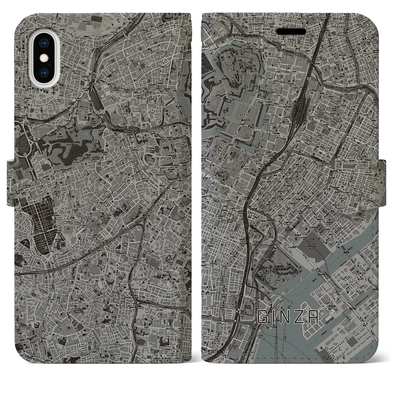 【銀座(東京都)】地図柄iPhoneケース(手帳タイプ)モノトーン・iPhone XS Max 用