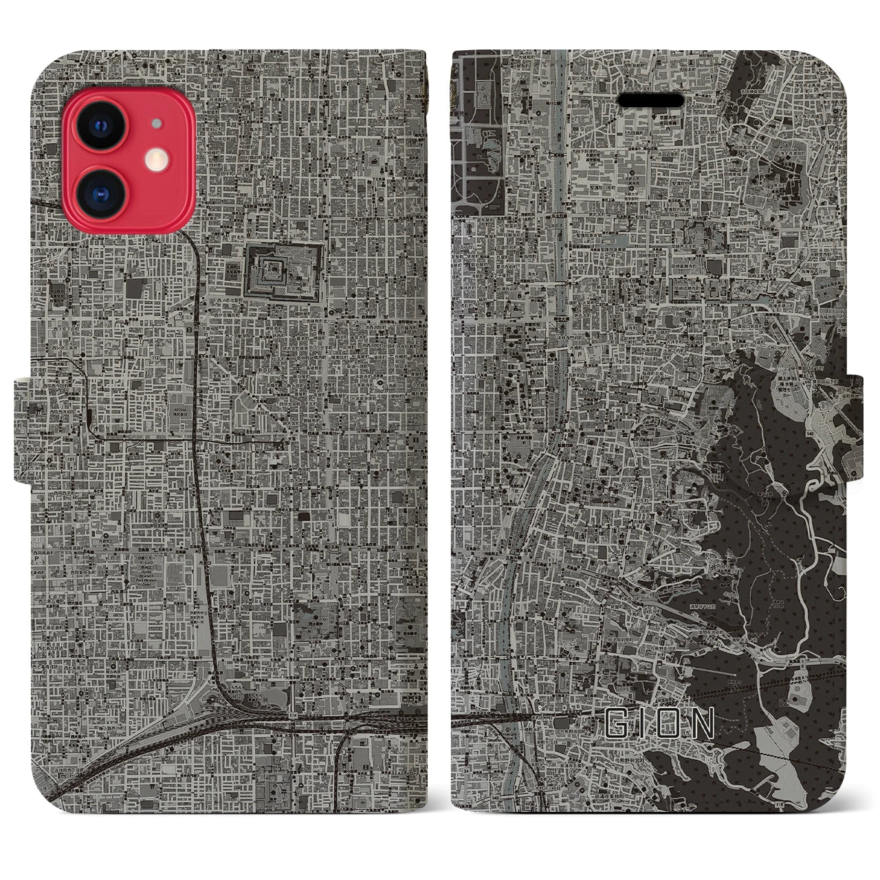 【祇園(京都府)】地図柄iPhoneケース(手帳タイプ)モノトーン・iPhone 11 用