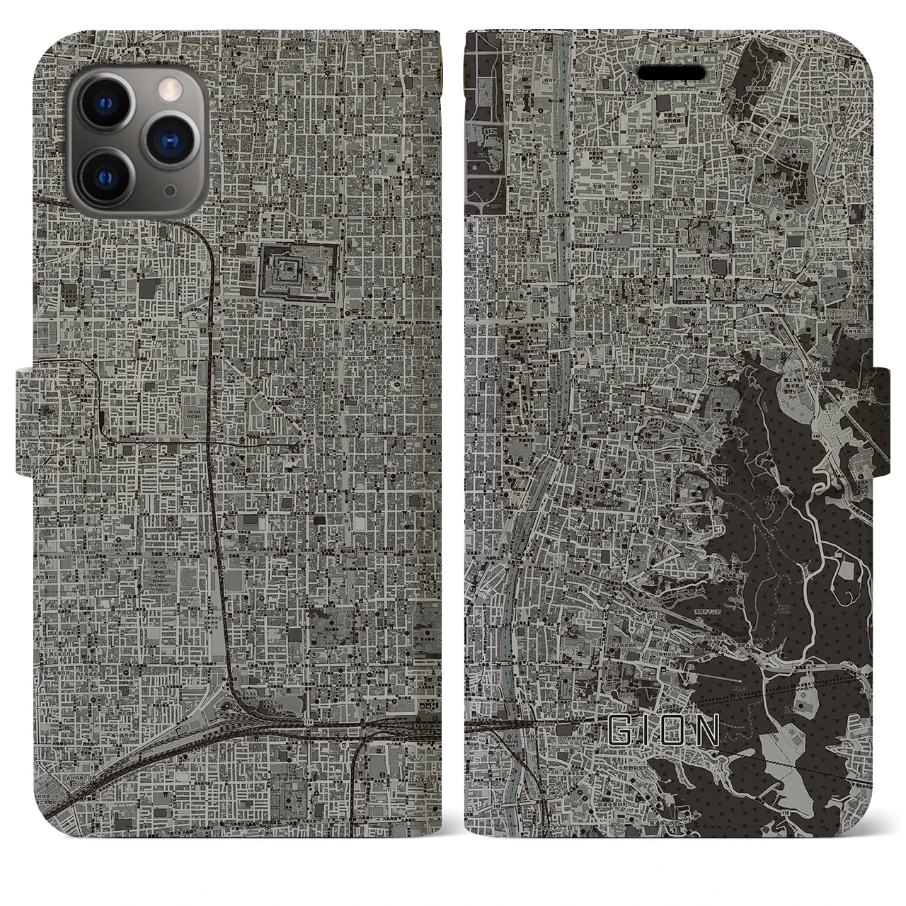 【祇園(京都府)】地図柄iPhoneケース(手帳タイプ)モノトーン・iPhone 11 Pro Max 用