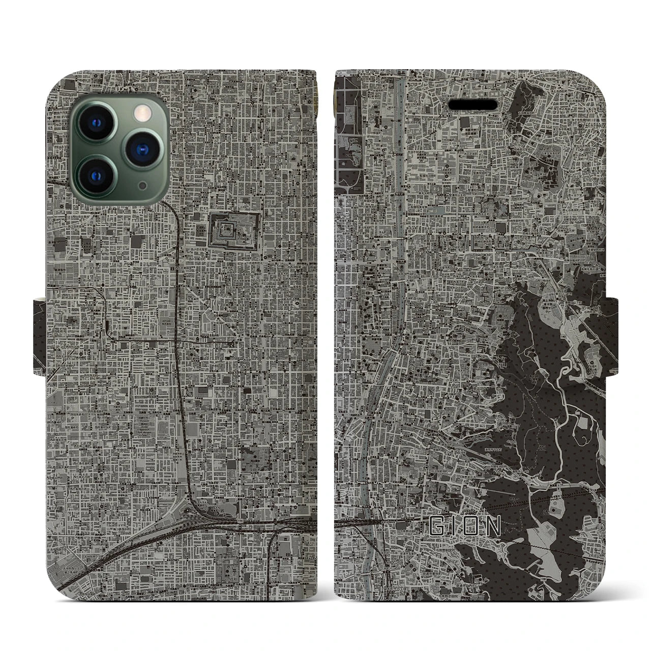 【祇園(京都府)】地図柄iPhoneケース(手帳タイプ)モノトーン・iPhone 11 Pro 用