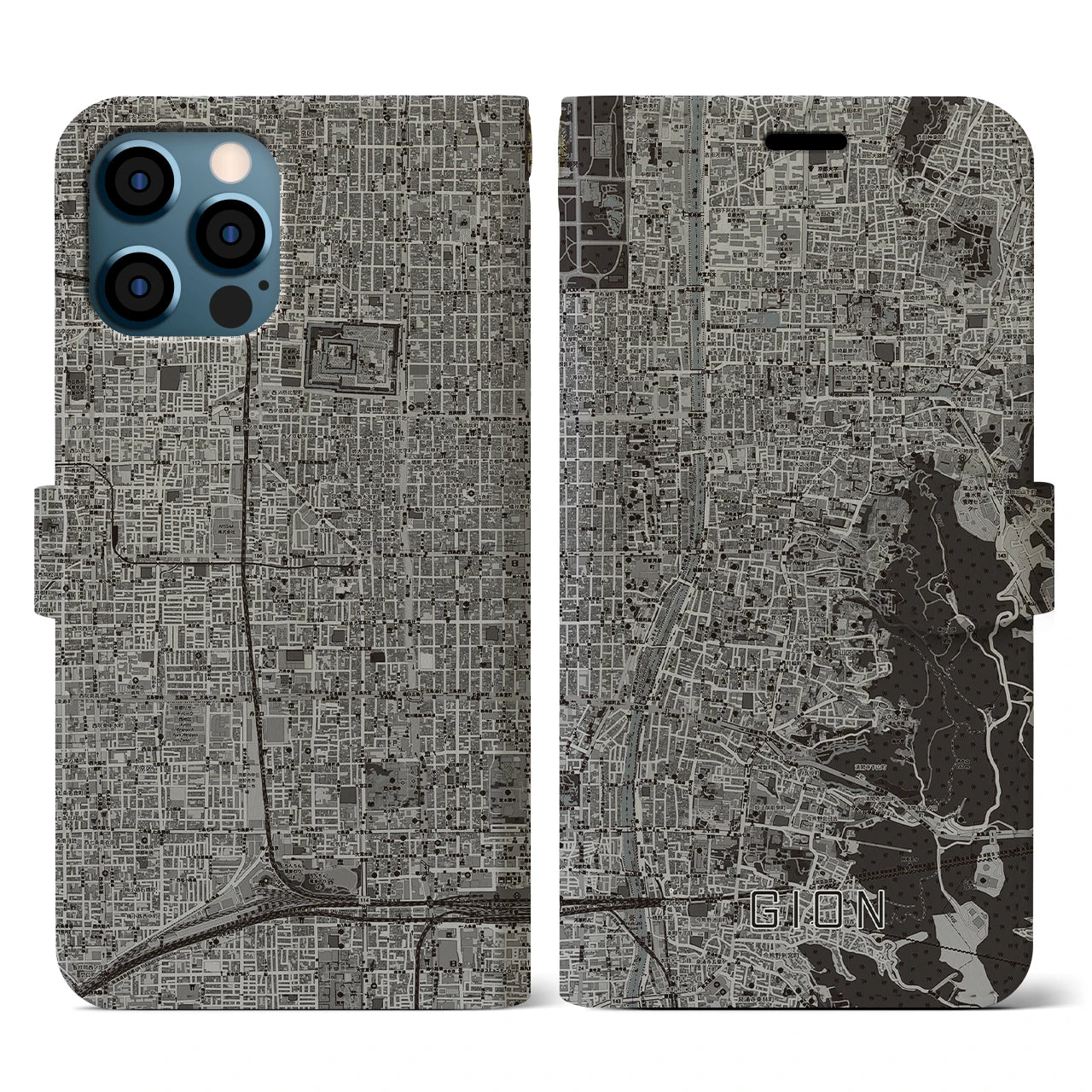 【祇園(京都府)】地図柄iPhoneケース(手帳タイプ)モノトーン・iPhone 12 / 12 Pro 用