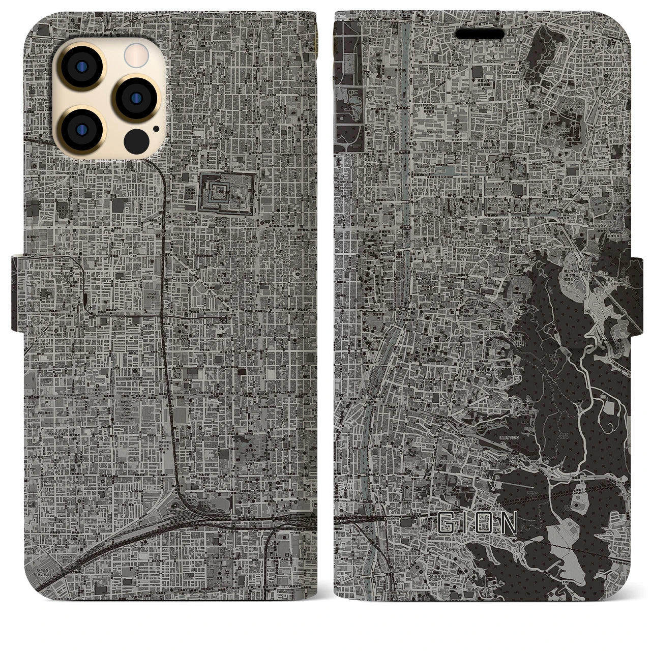 【祇園(京都府)】地図柄iPhoneケース(手帳タイプ)モノトーン・iPhone 12 Pro Max 用